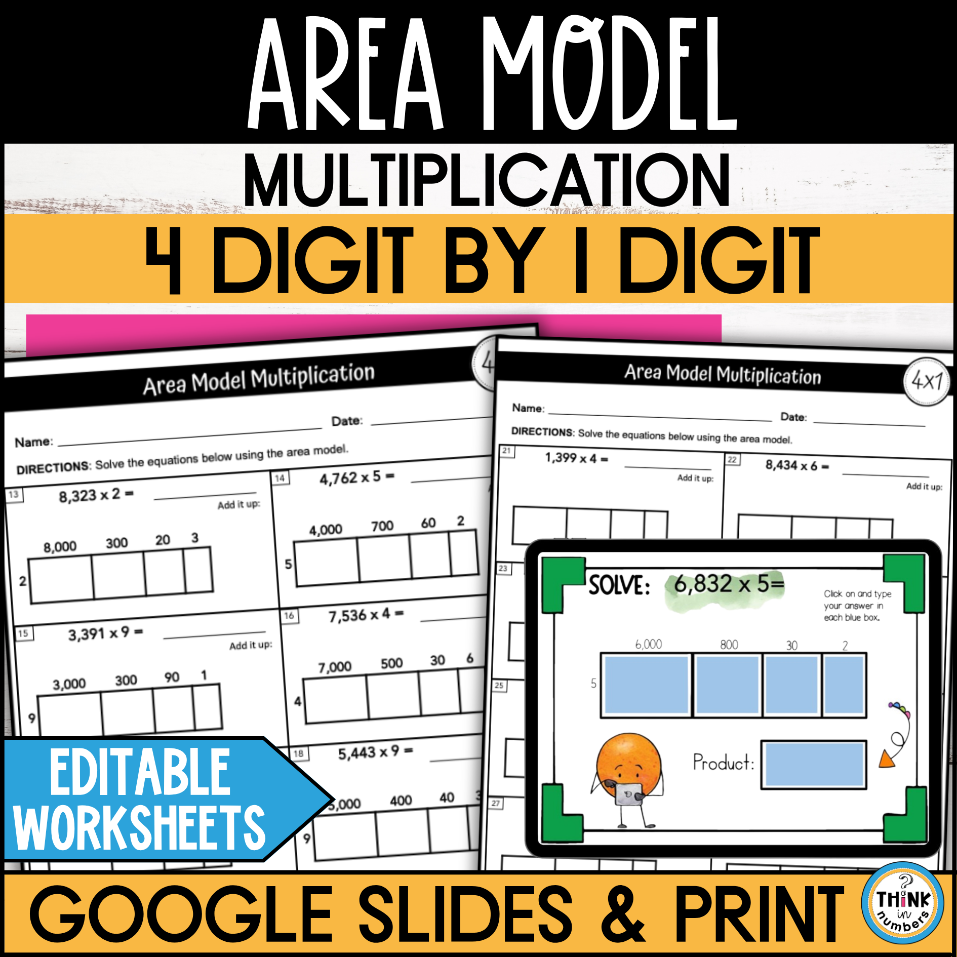 4 Digit by 1 Digit Area Model Multiplication Google Slides and Worksheets