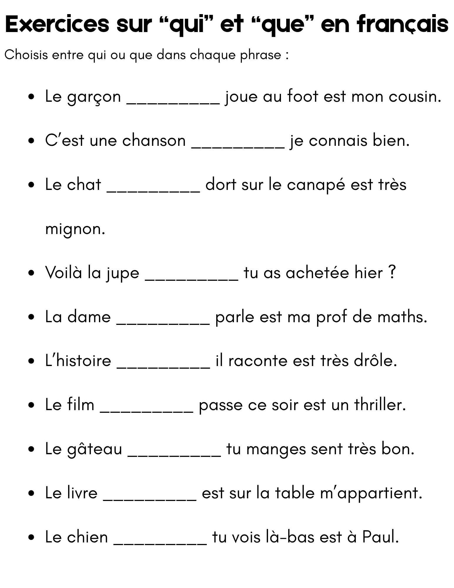 qui and que in french exercises