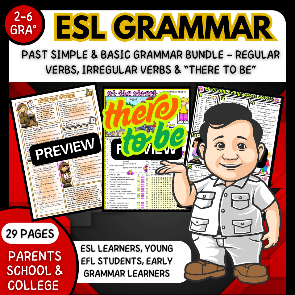 Past Simple & Basic Grammar Bundle – Regular Verbs, Irregular Verbs & “There To Be”