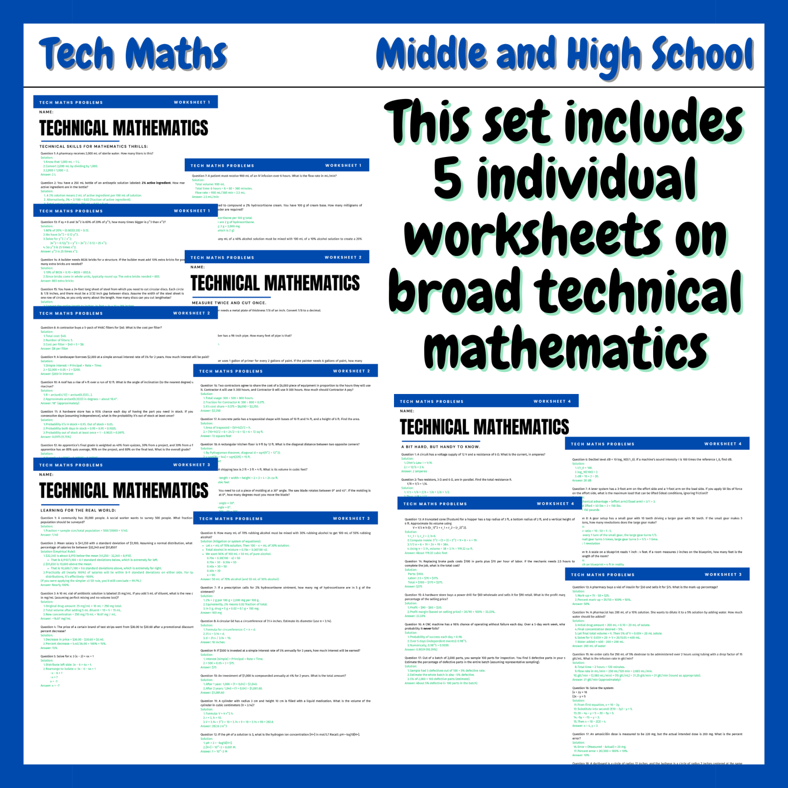 Technical Mathematics (Tech Maths) Worksheets | 5 Worksheet Set | Made ...