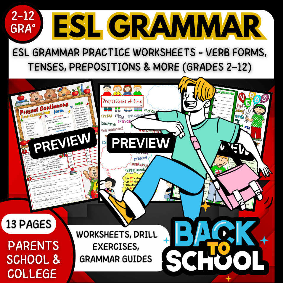 ESL Grammar Practice Worksheets - Verb Forms, Tenses, Prepositions & More (Grades 2–12)