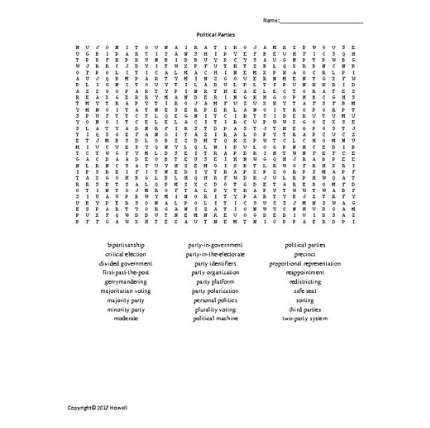 Political Parties Word Search for American Government