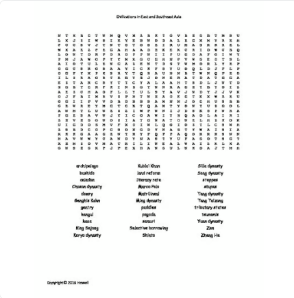 Civilizations of East and Southeast Asia Word Search for World History