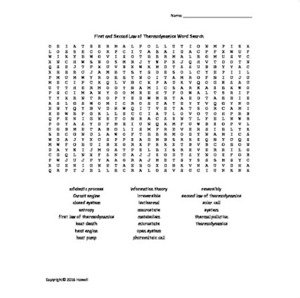 First and Second Law of Thermodynamics Word Search for Physics