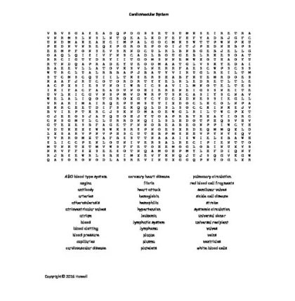 Cardiovascular System Word Search for Middle School Science