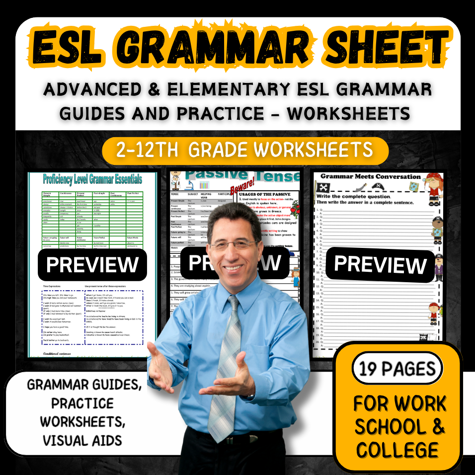 Advanced & Elementary ESL Grammar Guides and Practice - Worksheets for Grades 2–12