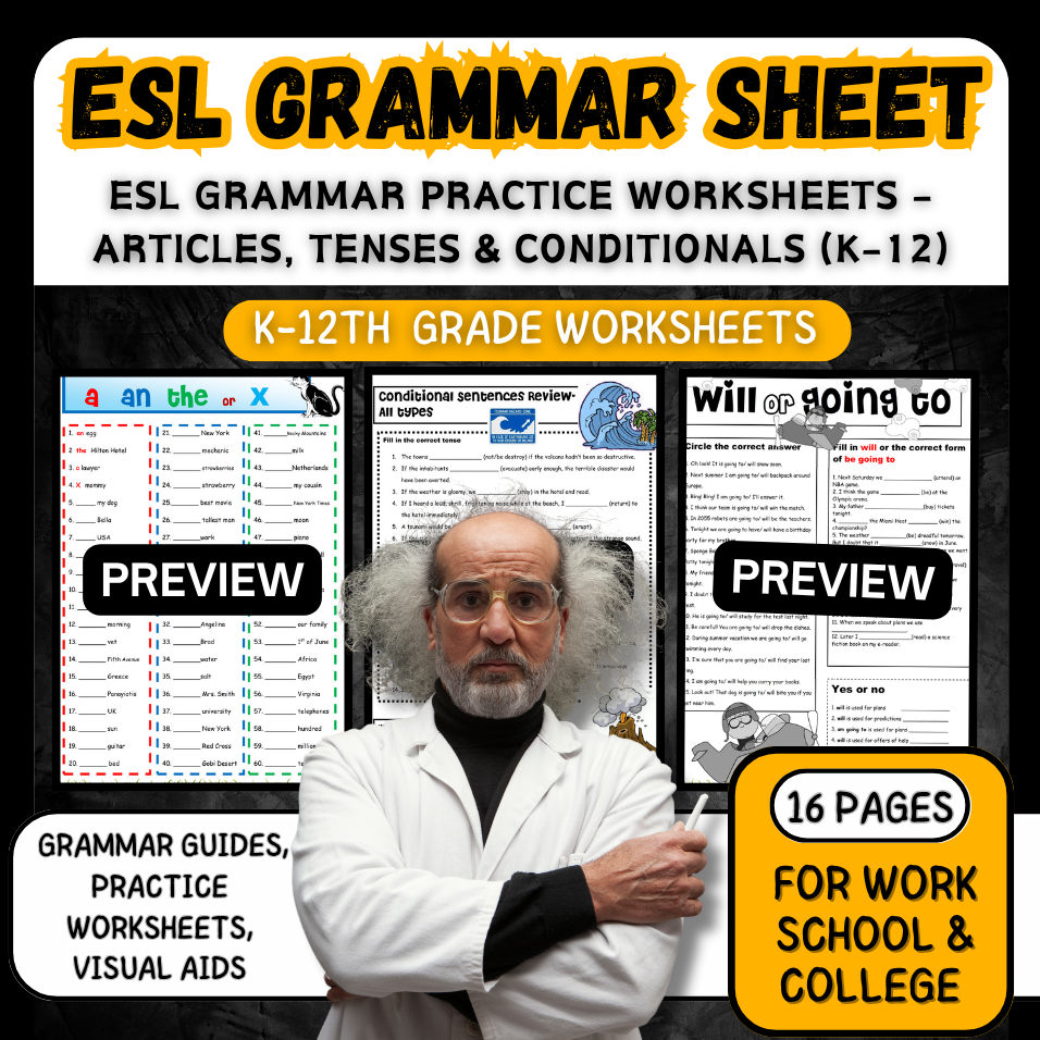 ESL Grammar Practice Worksheets – Articles, Tenses & Conditionals (Grades K–12)