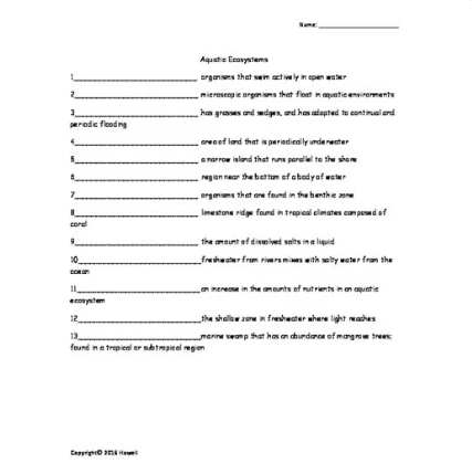 Aquatic Ecosystems Quiz or Worksheet for Environmental Science