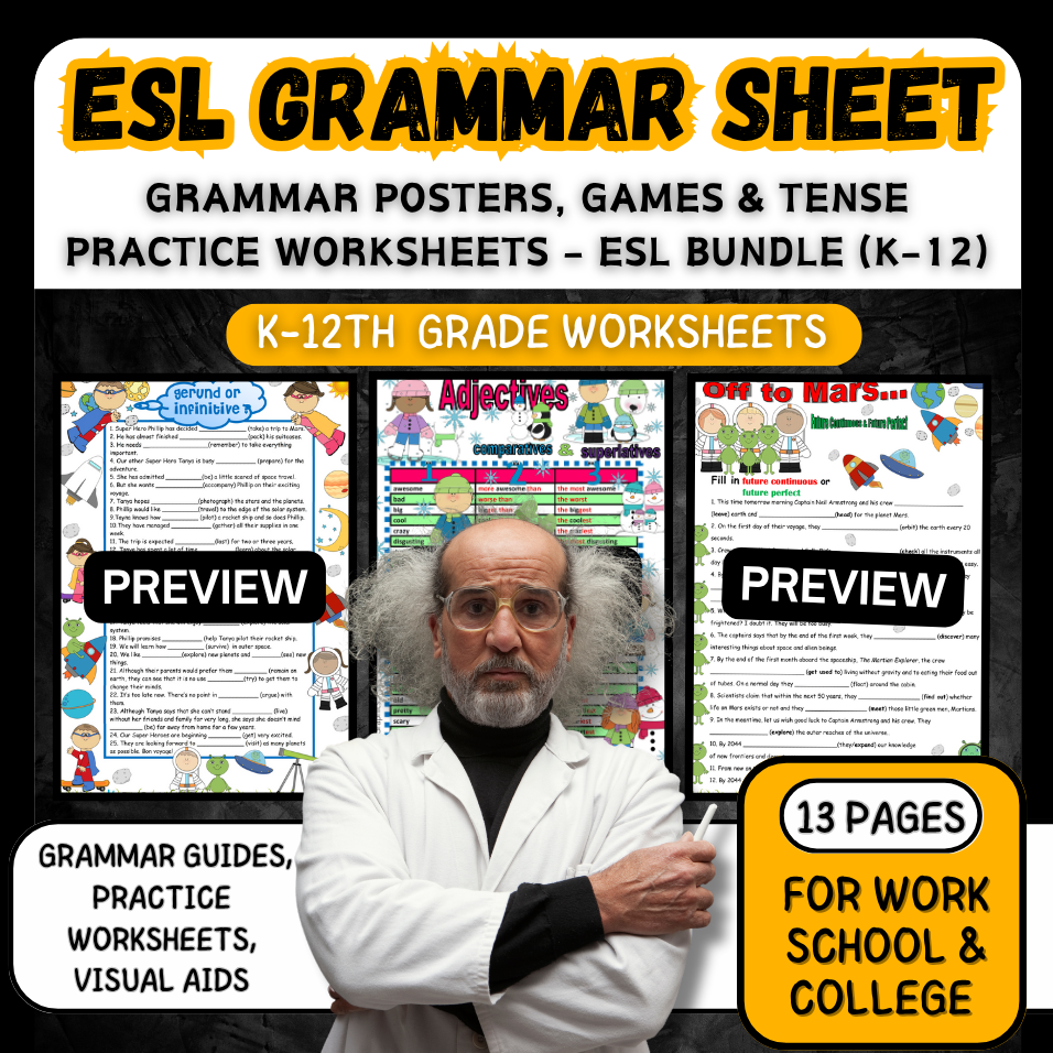 Grammar Posters, Games & Tense Practice Worksheets – ESL Bundle (K–12)
