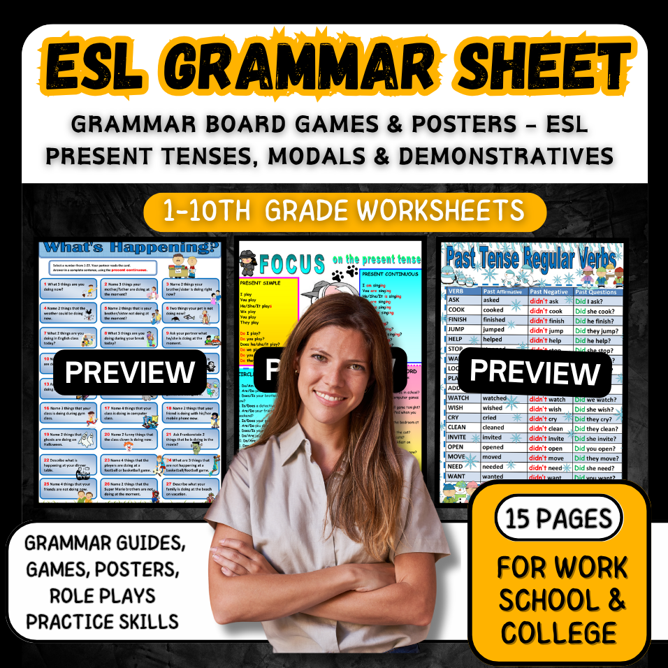Grammar Board Games & Posters – ESL Present Tenses, Modals & Demonstratives