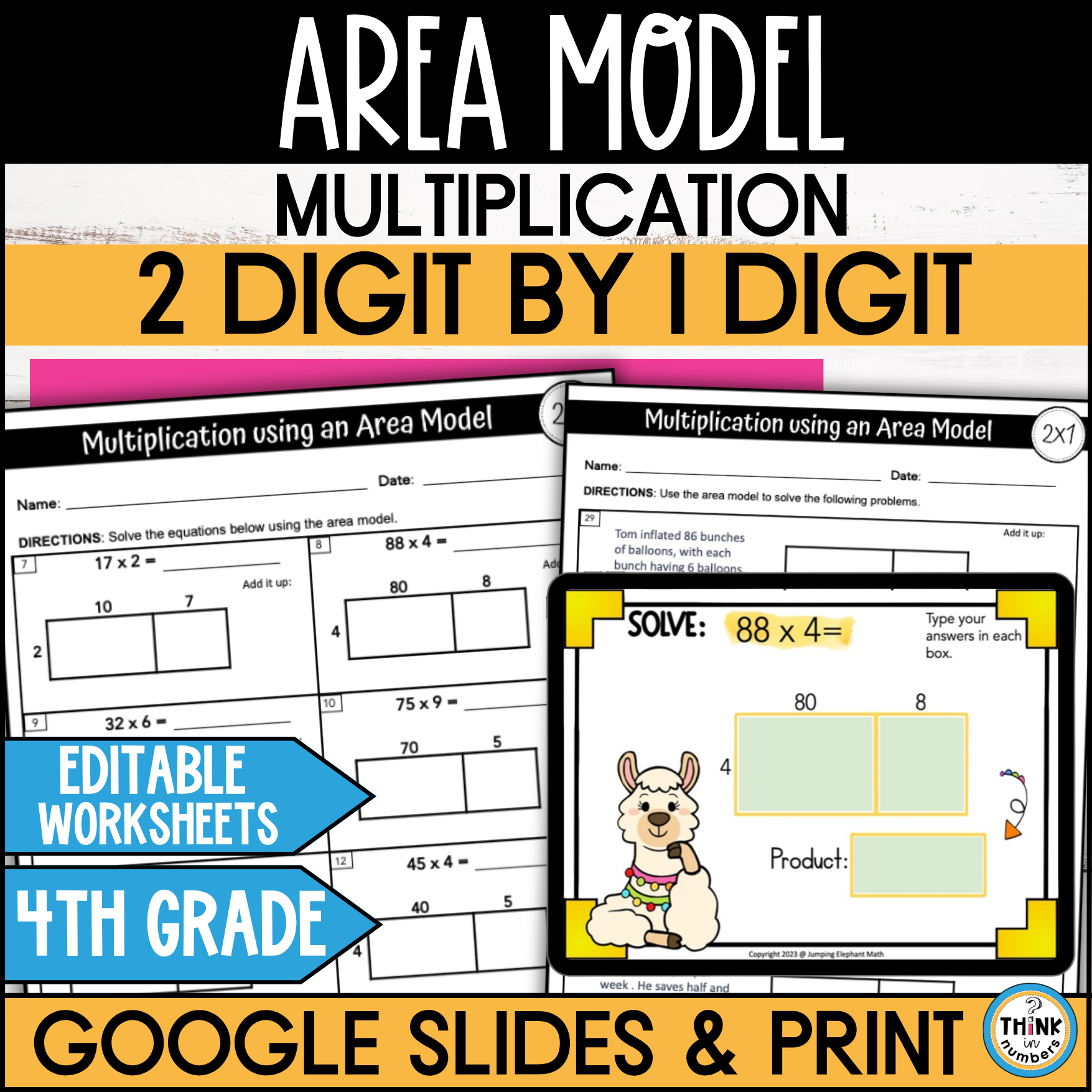 2 Digit by 1 Digit Area Model Multiplication Google Slides and Worksheets