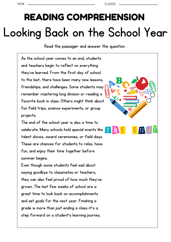 End of the School Year Reading Comprehension Passages with Questions ...