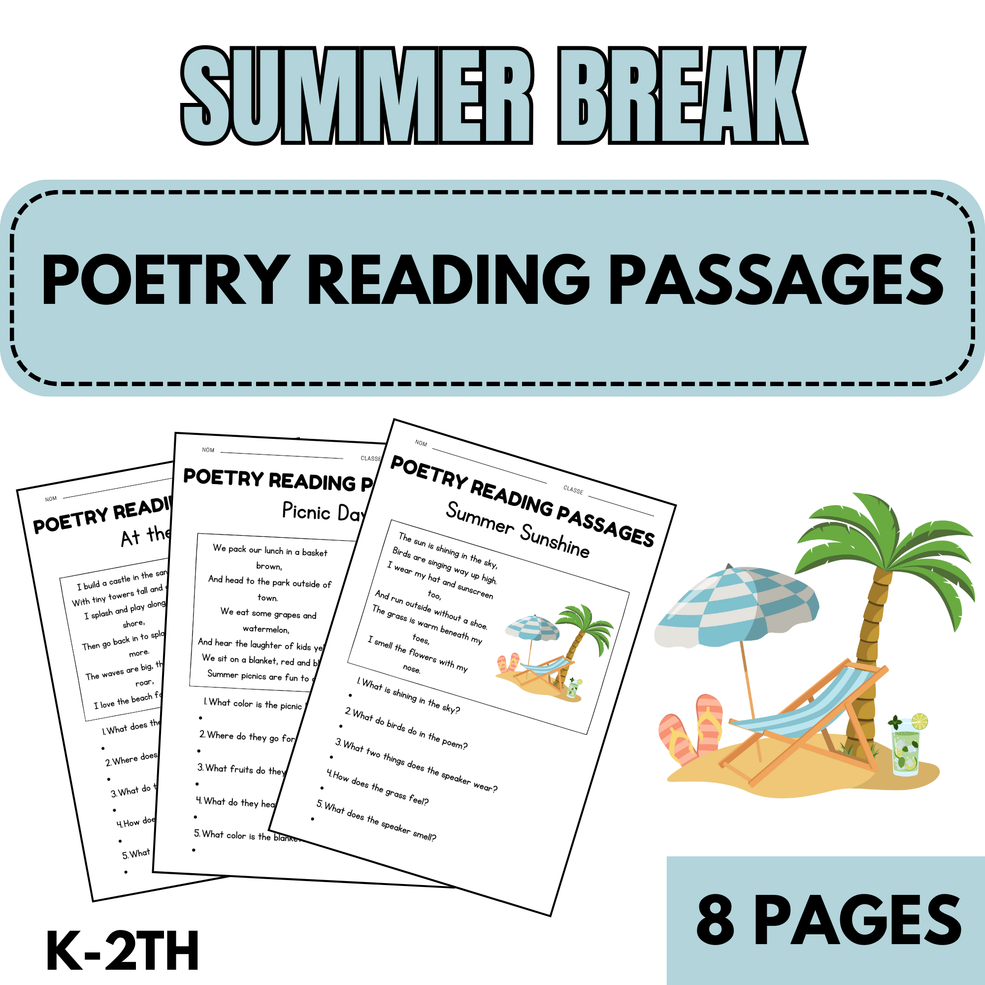 Summer Break Poetry Reading Passages with Comprehension Questions | K-2 Literacy Activities