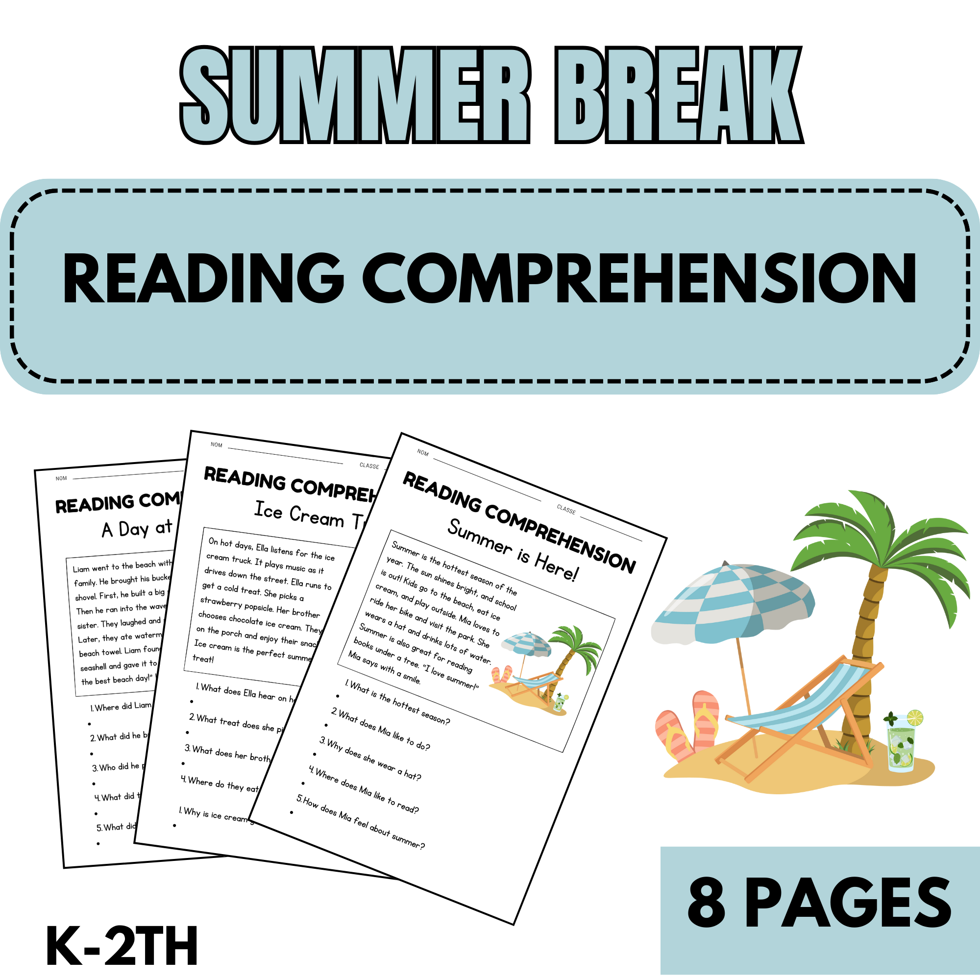 Summer Break Reading Comprehension Passages with Questions | K-2 Literacy Worksheets | Printable PDF