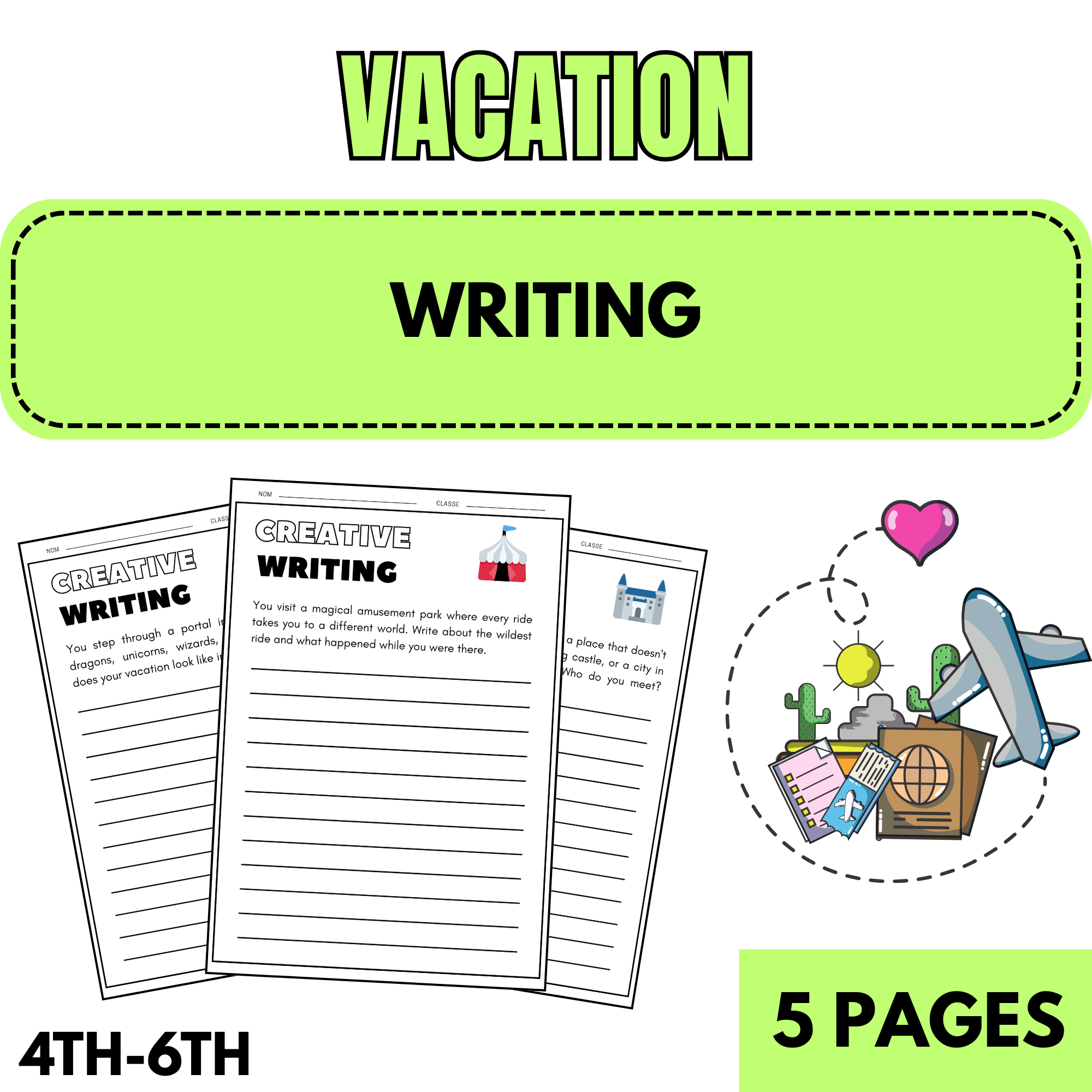 Creative Vacation Writing Prompts for 4th-6th Grade Students | 5 Engaging Printable Pages