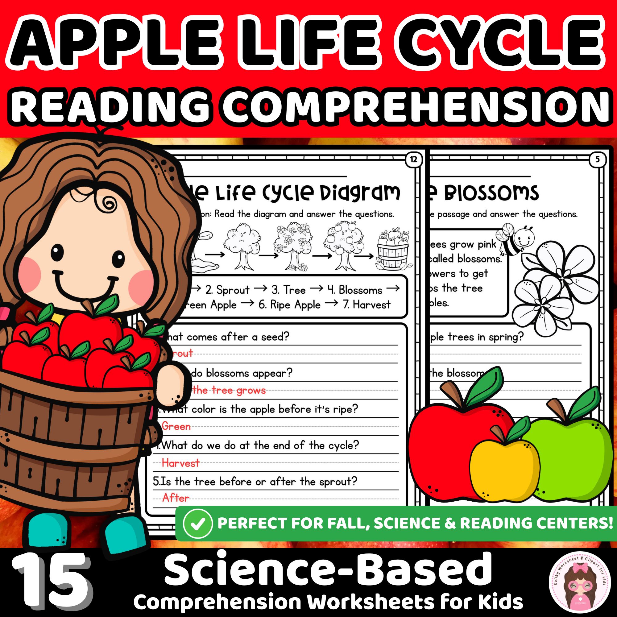 Apple Reading Comprehension Worksheets Grade 1 and 2 Life Cycle and Science