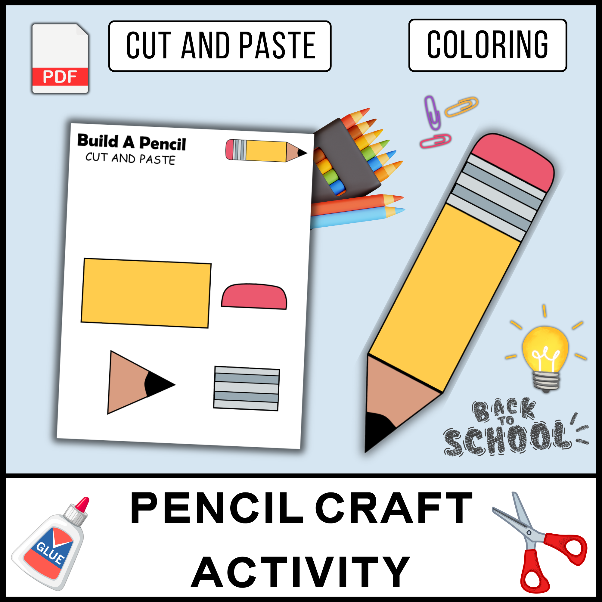 Pencil Craft Activity, First Day of Back to School, Coloring Page, Cut and Paste Activities, PDF Fil