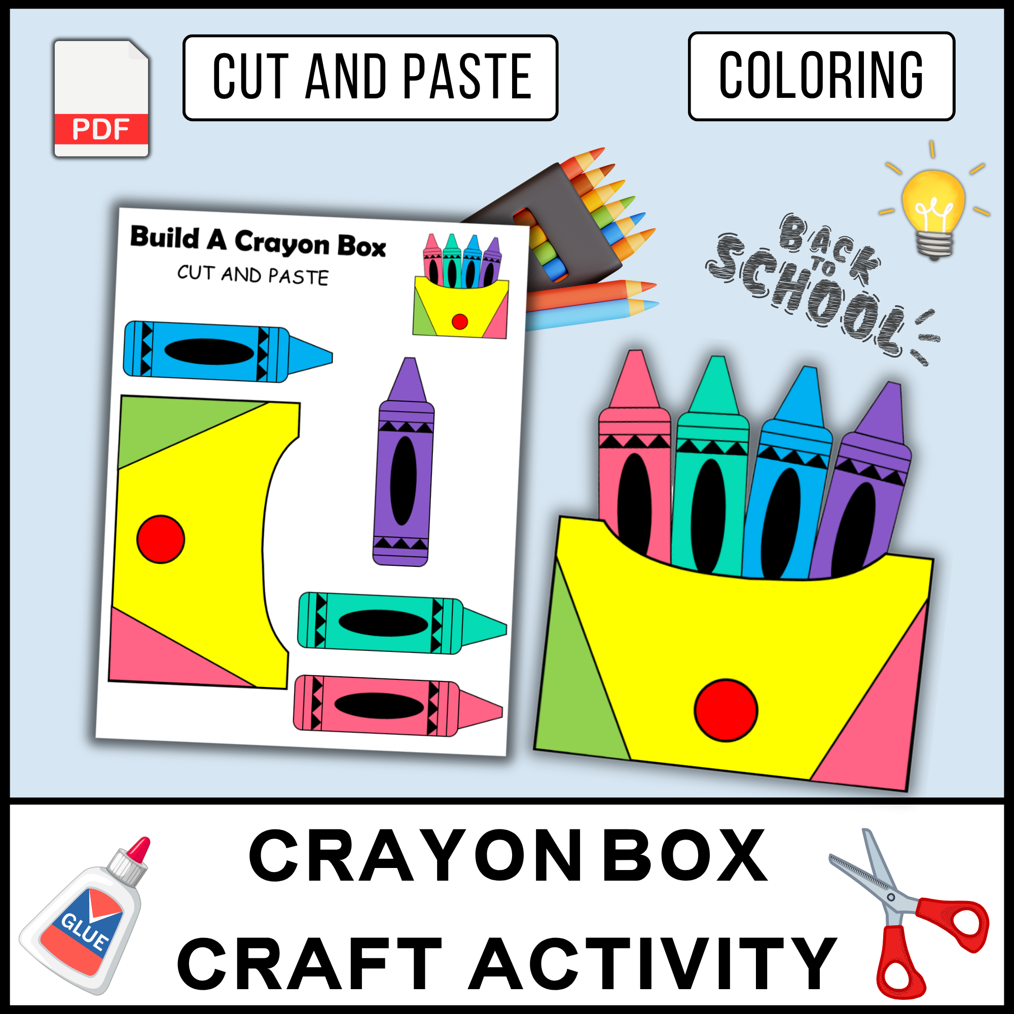 Crayon Box Craft for Kids, Back to School Activity, Cut and Paste Printable, Coloring Page, First We