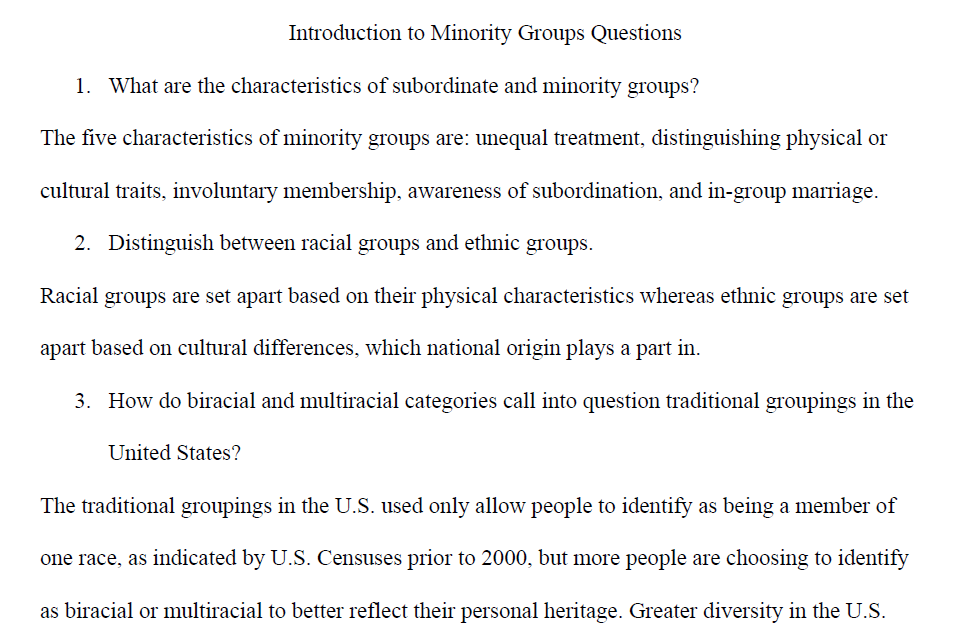 Introduction to Minority Groups Questions