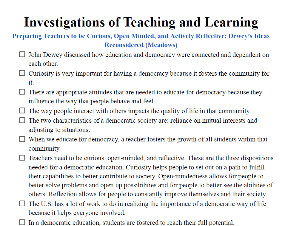 Investigations of Teaching and Learning Notes