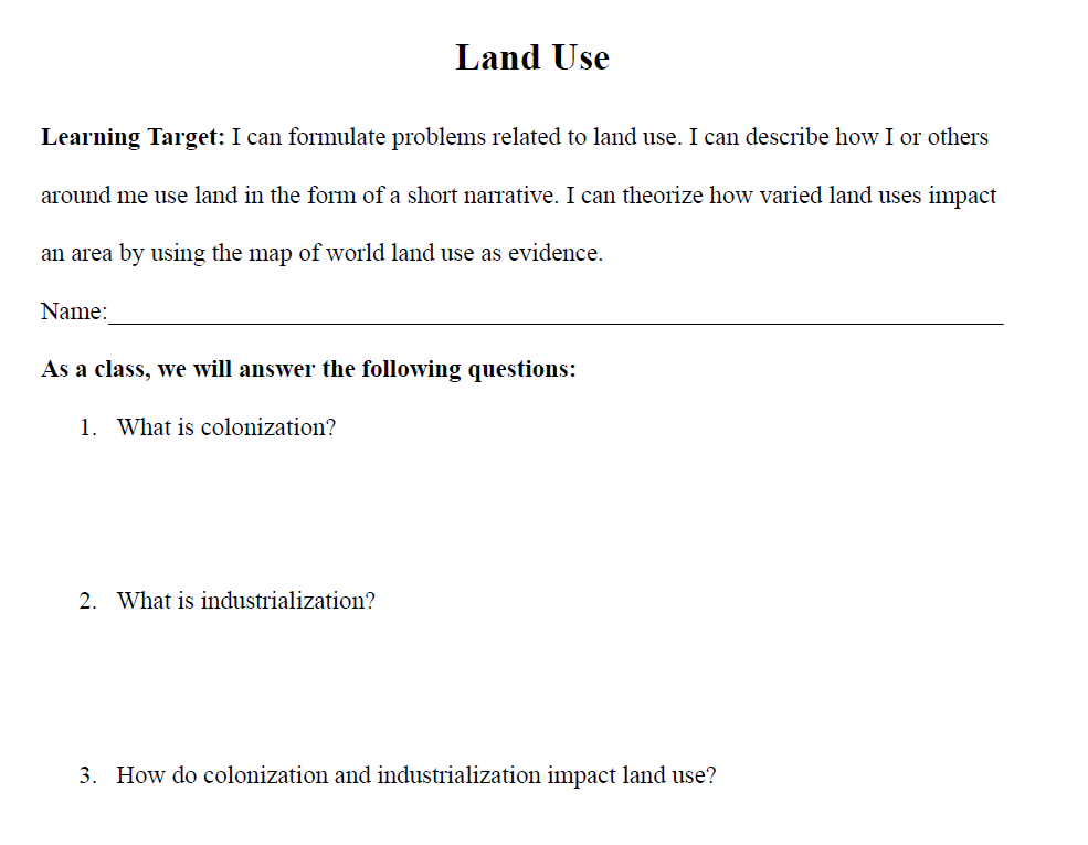 Land Use Worksheet