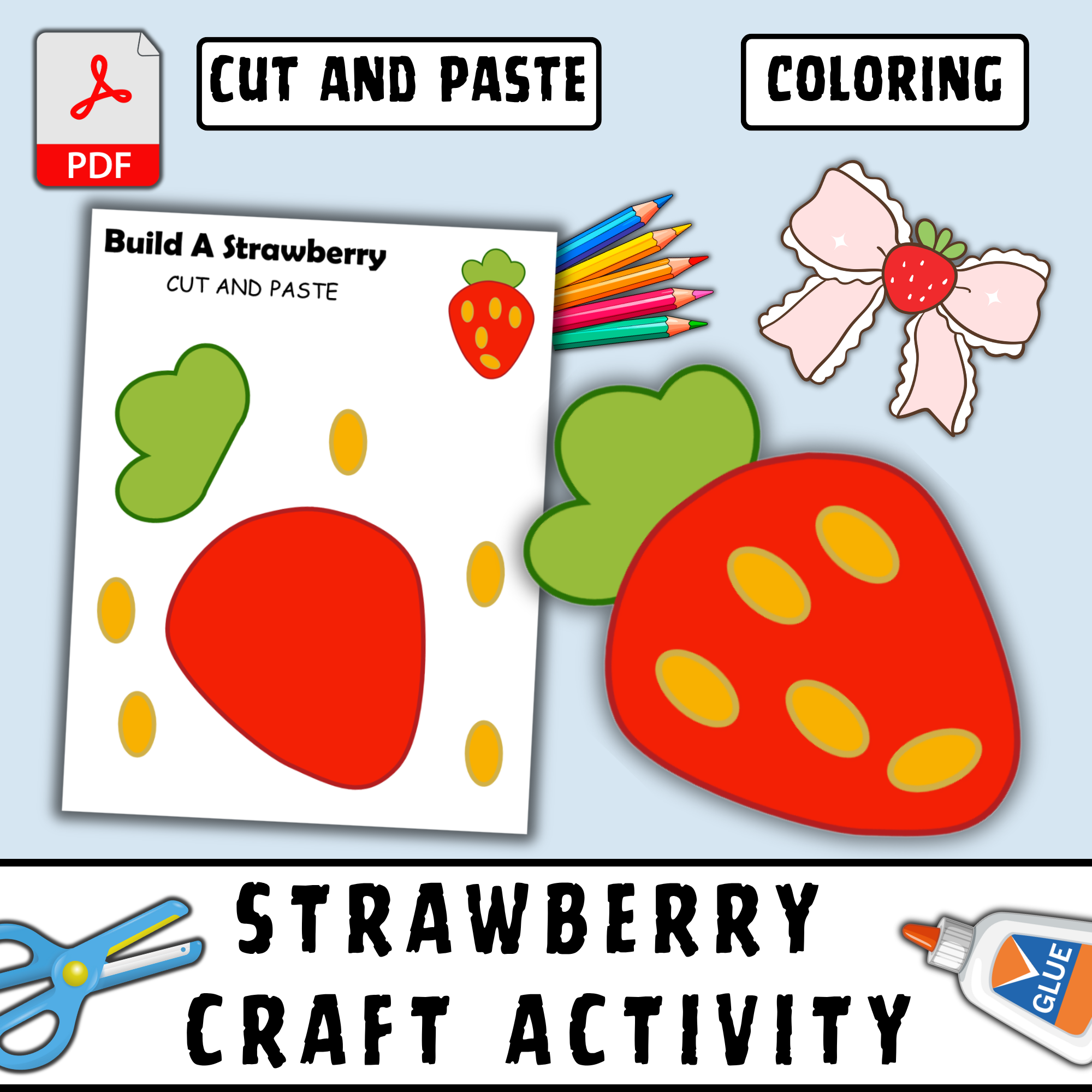 Summer Strawberry Craft for Kids, Fruit-Themed Cut and Paste Activity, Coloring Page, Summer Classro
