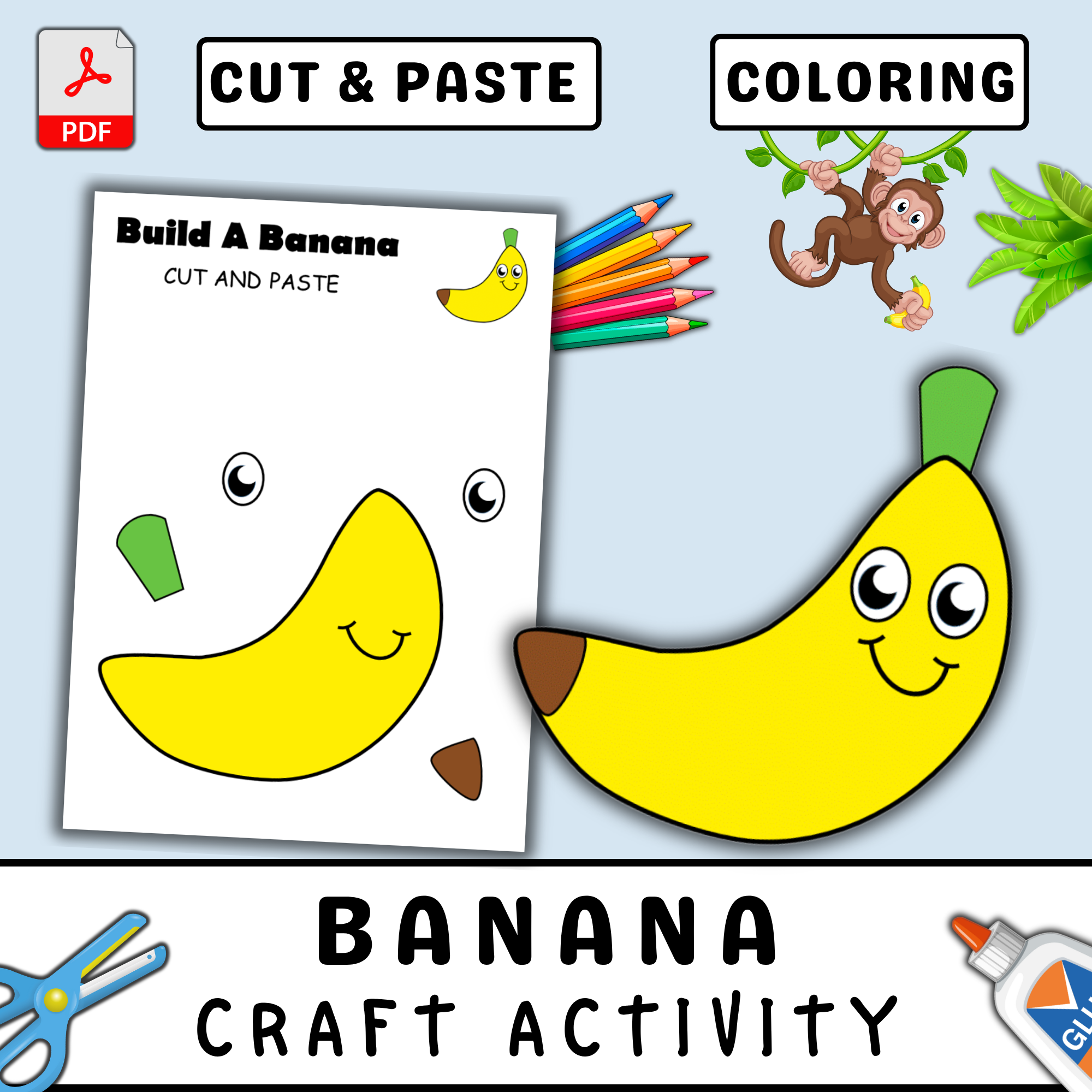 Banana Craft Activity for Kids, Fruit-Themed Cut and Paste Project, Summer Coloring Page, Preschool