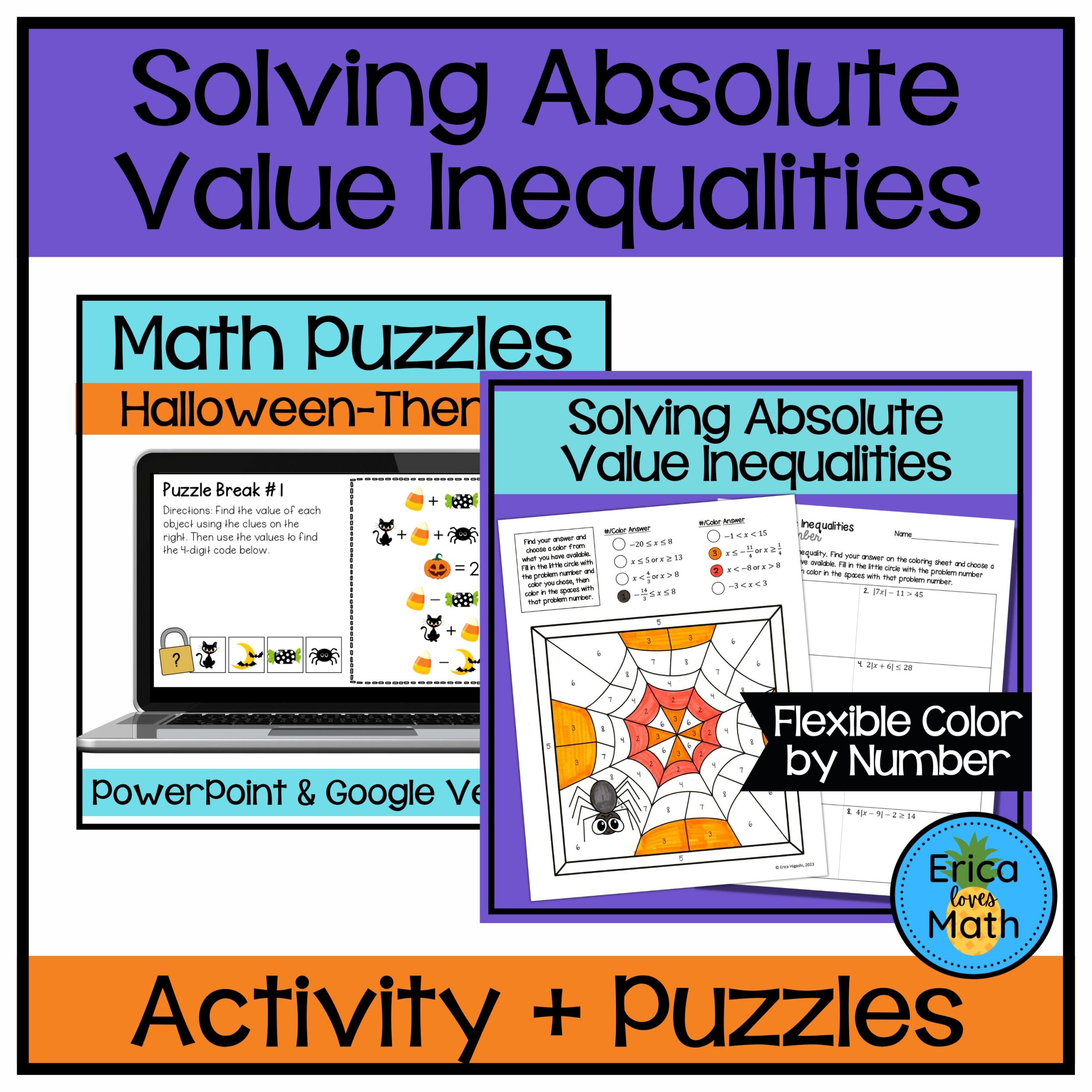 Solving Absolute Value Inequalities + Puzzles Halloween Bundle