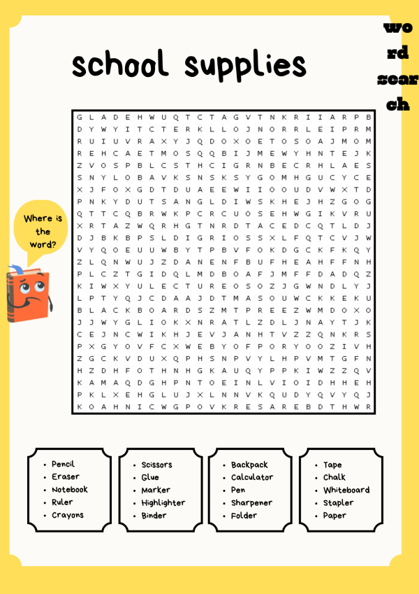 school supplies word search puzzle - back to school activity | Made By ...