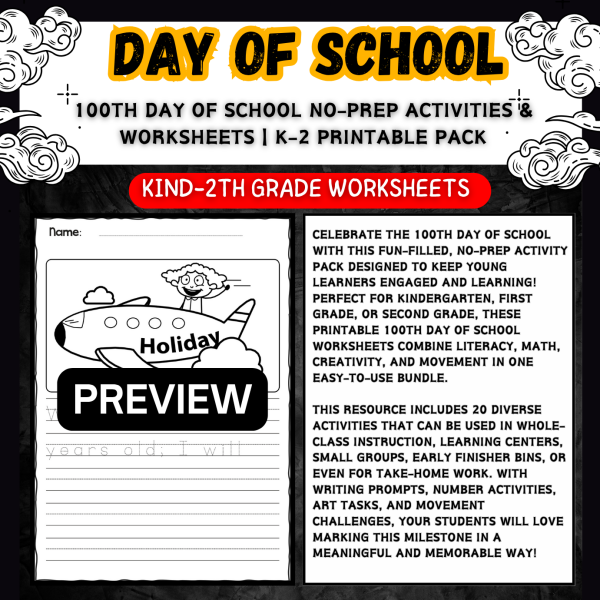100th Day of School No-Prep Activities & Worksheets K-2 Printable Pack ...