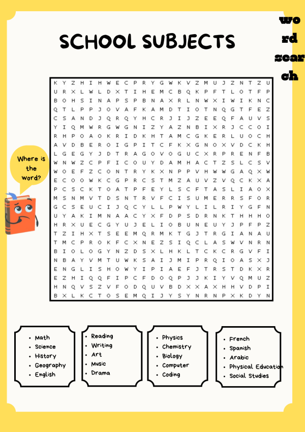SCHOOL SUBJECTS WORD SEARCH PUZZLE WORKSHEET ACTIVITY | Made By Teachers
