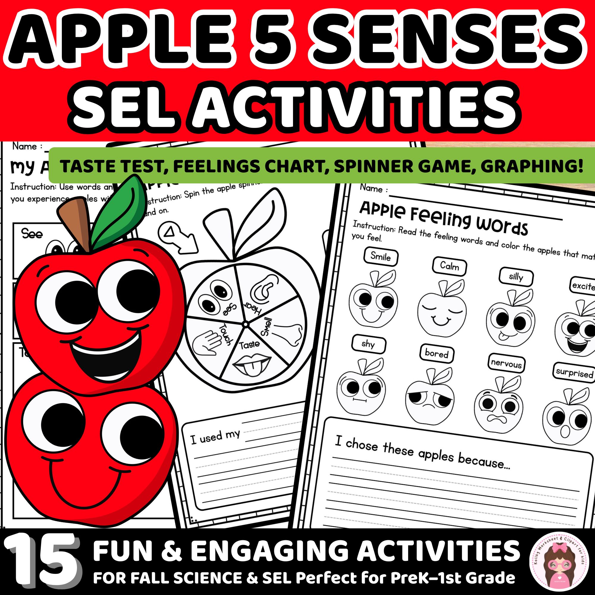 Apple 5 Senses and SEL Activities Fall Worksheets for PreK to 1st Grade