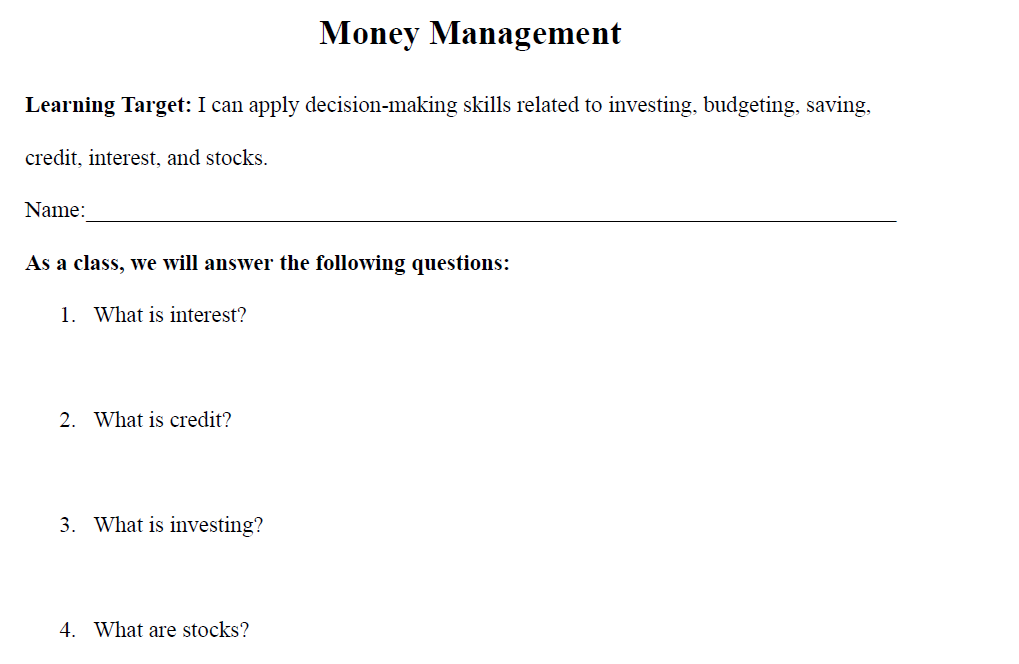 Money Management Worksheet
