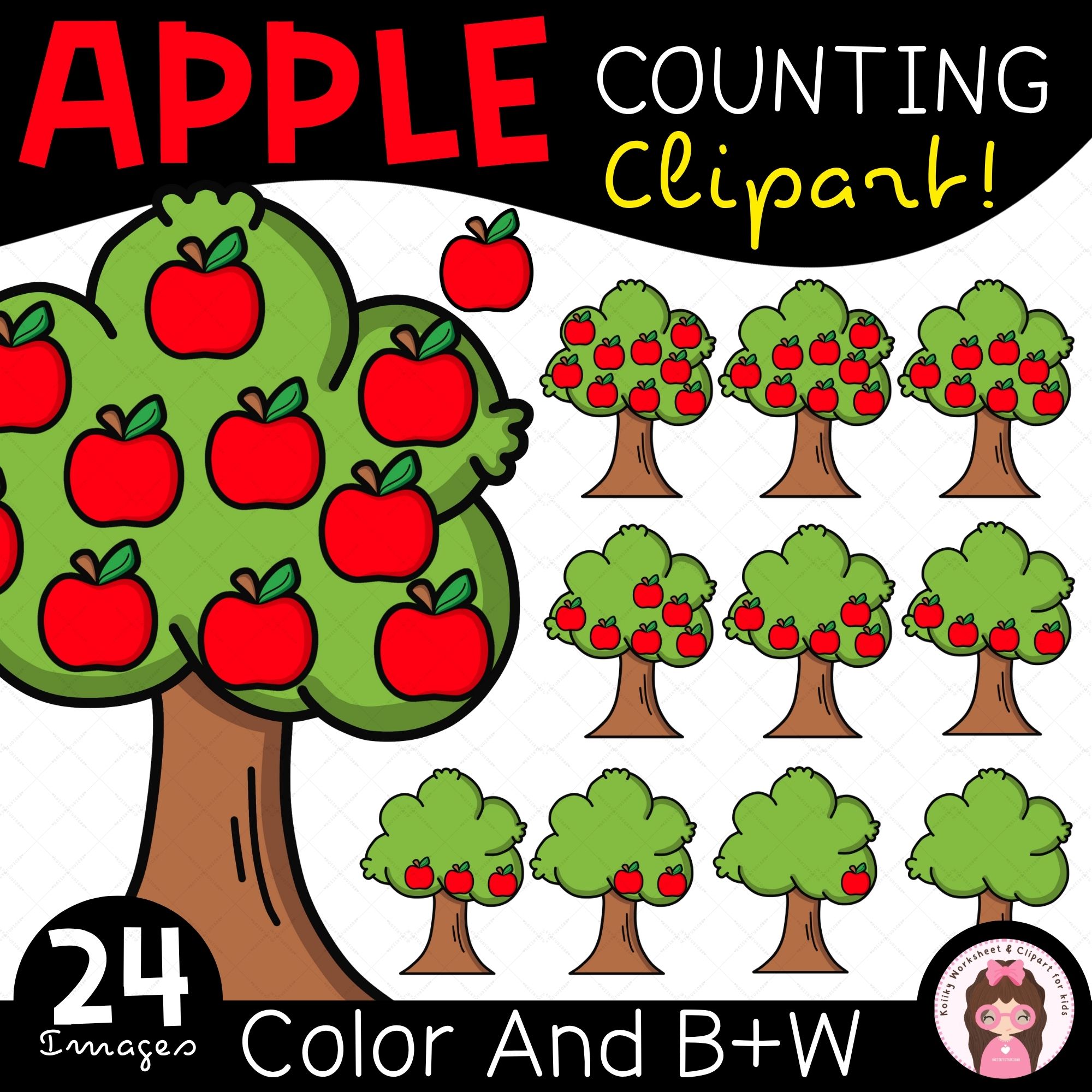 Apple Counting Tree Clipart Set for Fall Activities and Math Worksheets