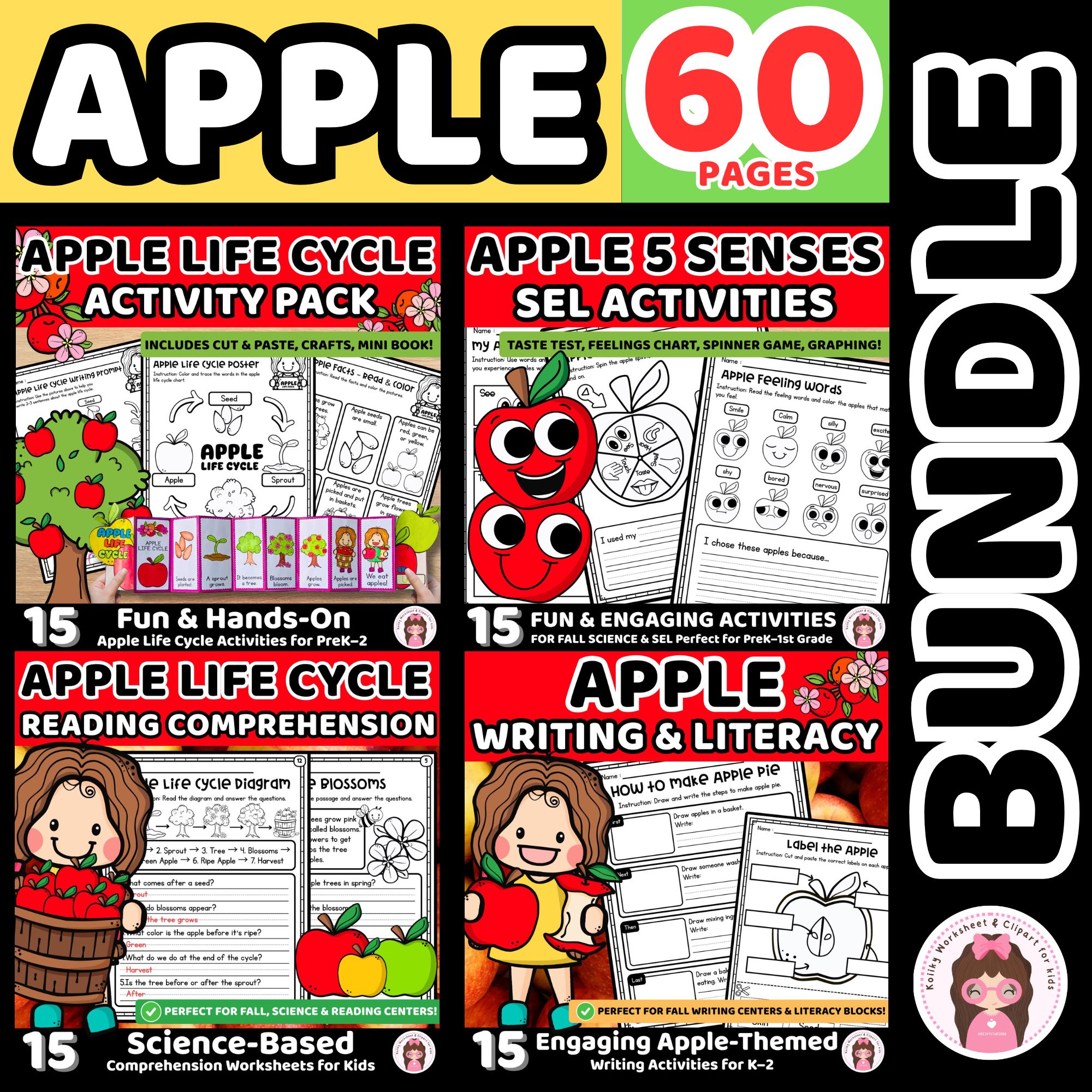 Apple Worksheets Bundle for Fall Activities Life Cycle Science and Writing