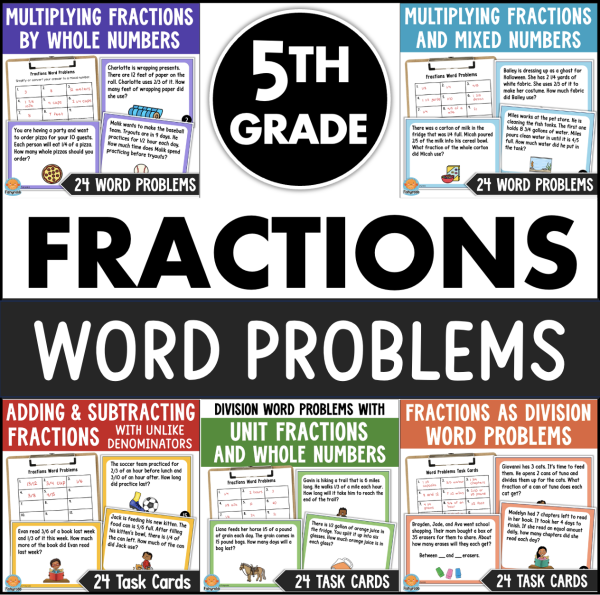 5th Grade FRACTIONS Word Problems Task Cards Bundle All 4 Operations ...