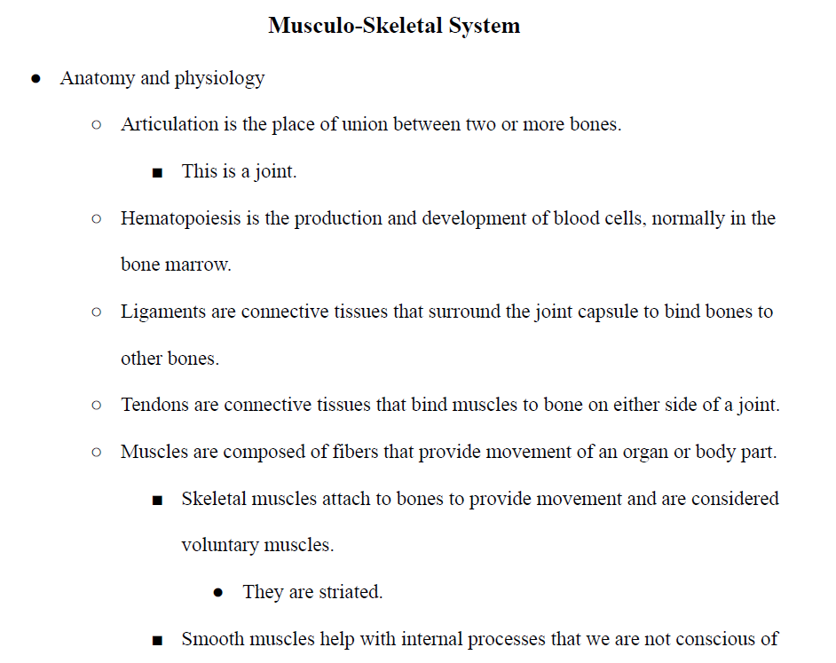 Musculo-Skeletal System Notes