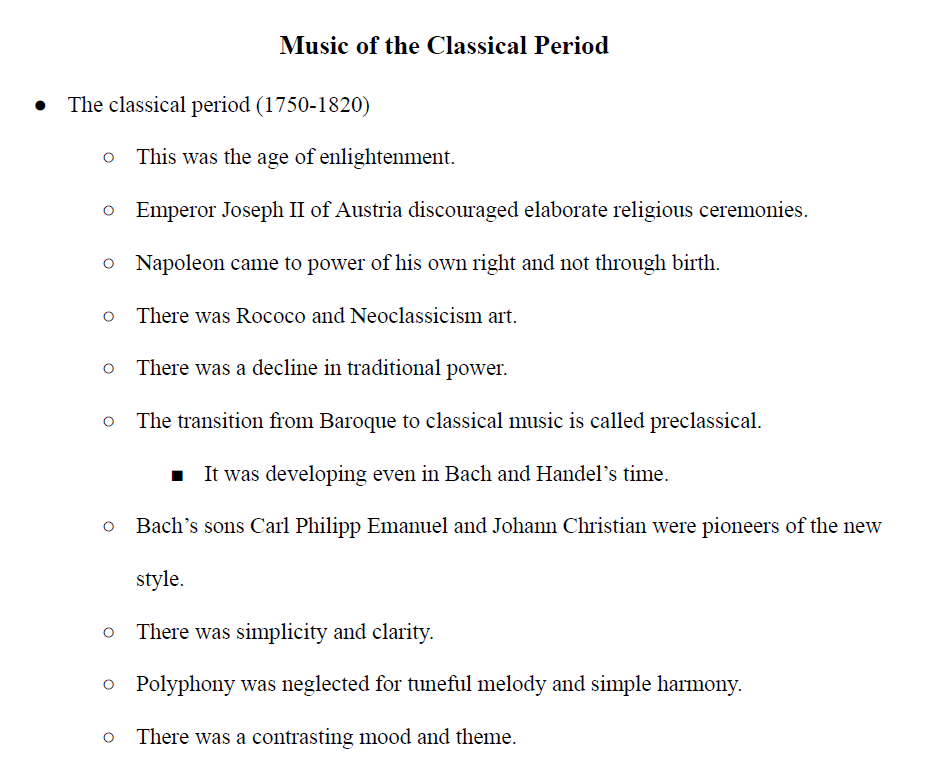 Music of the Classical Period Notes