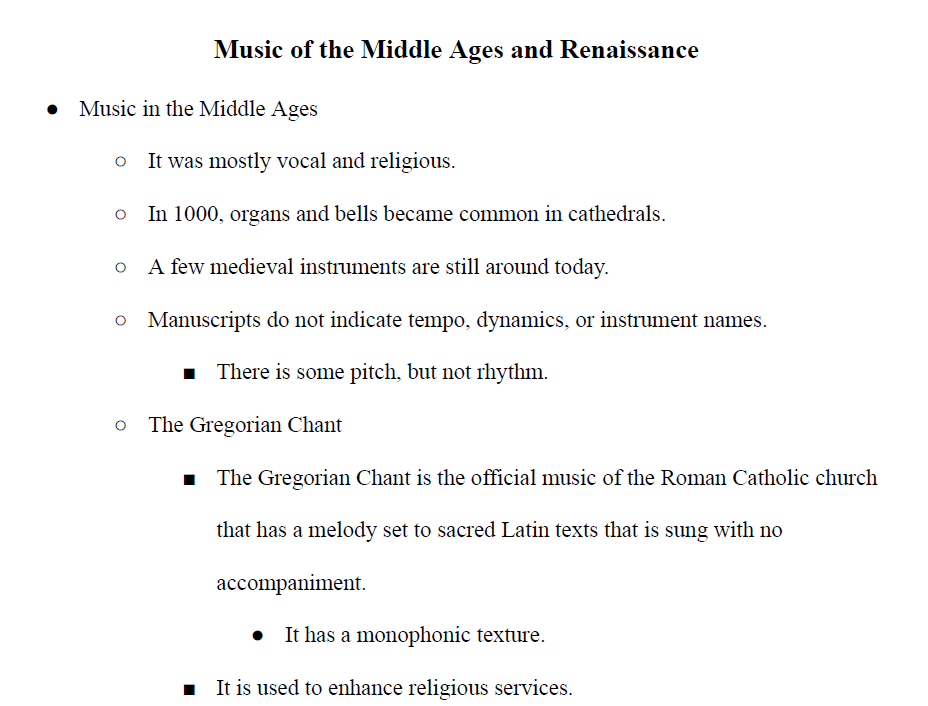 Music of the Middle Ages and Renaissance Notes