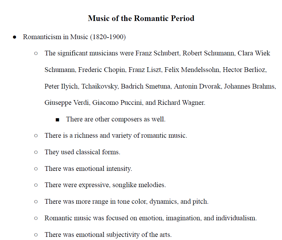 Music of the Romantic Period Notes