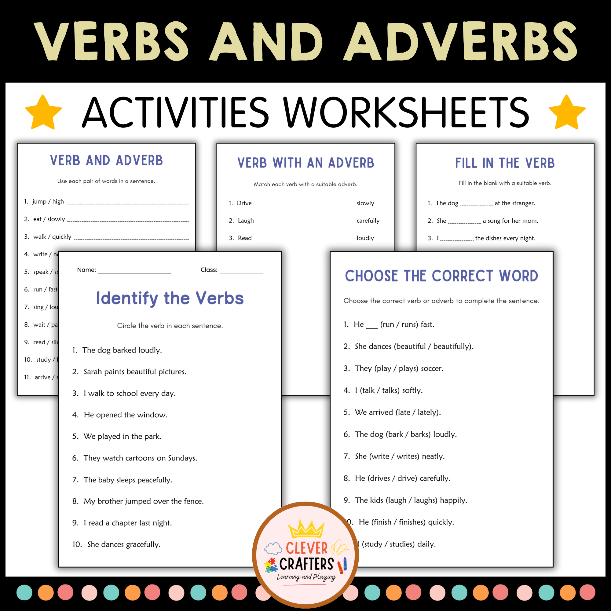 Printable Verbs and Adverbs Grammar Worksheets for Grade 1, 2, 3