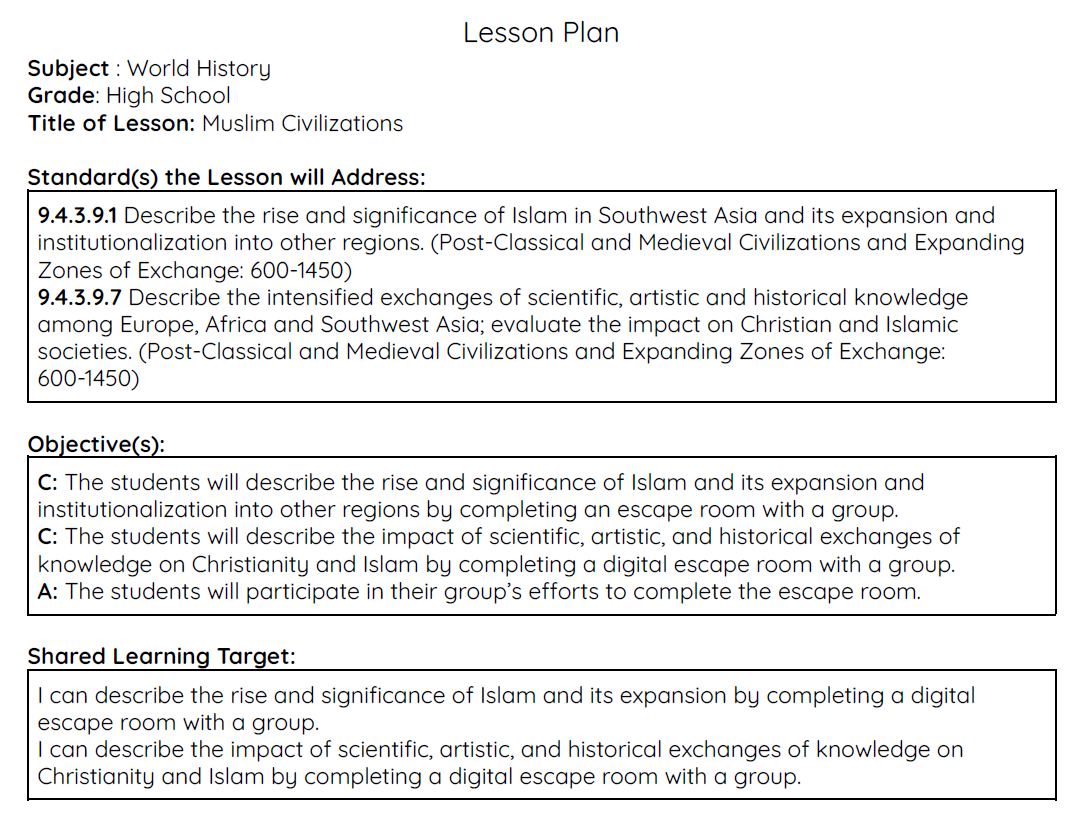 Muslim Civilizations Lesson Plan