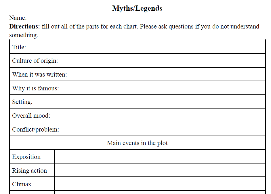 Myths and Legends Literature Worksheet