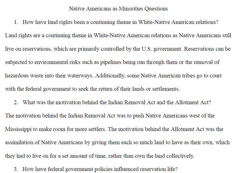 Native Americans as a Minority Questions