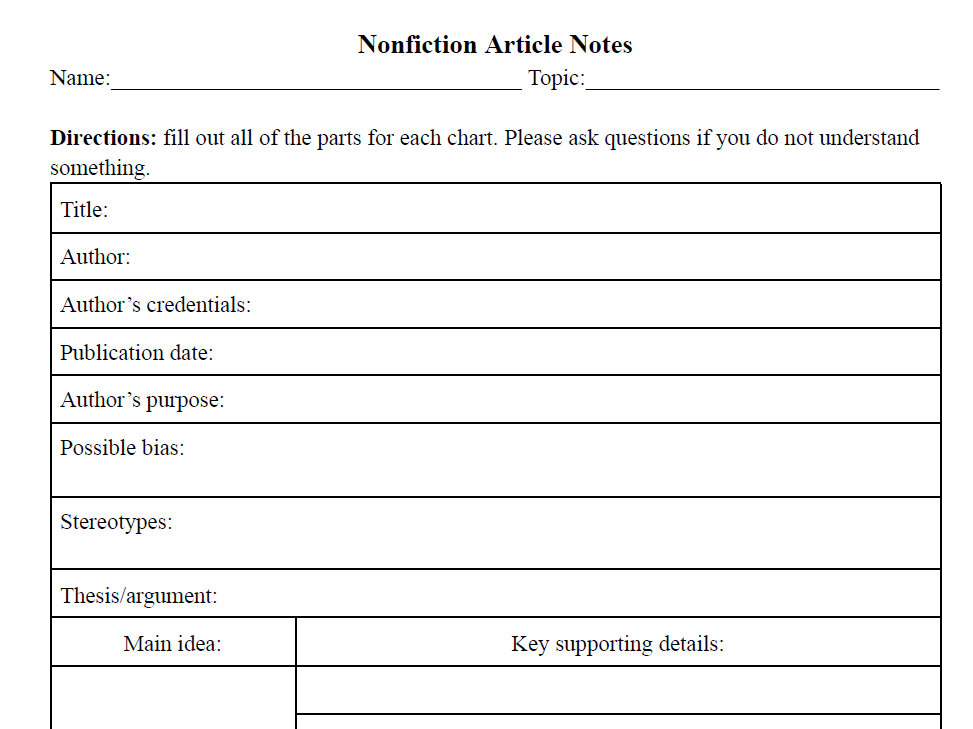 Nonfiction Article Analysis Worksheet