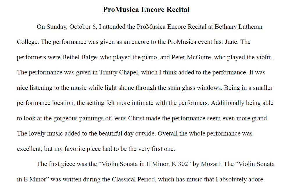 Piano and Violin Music Reflection Paper