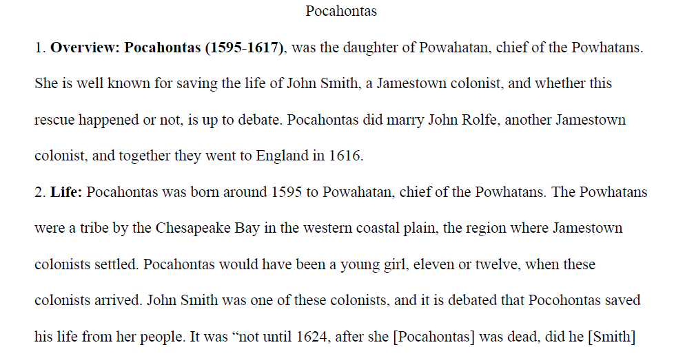 Pocahontas Biography Paper