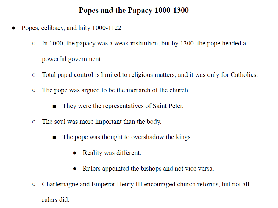 Popes and the Papacy 1000-1300 Notes