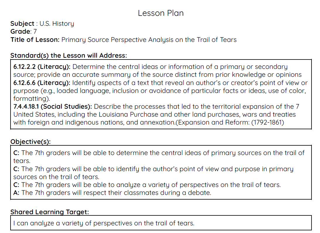Primary Source Perspective Analysis Lesson Plan