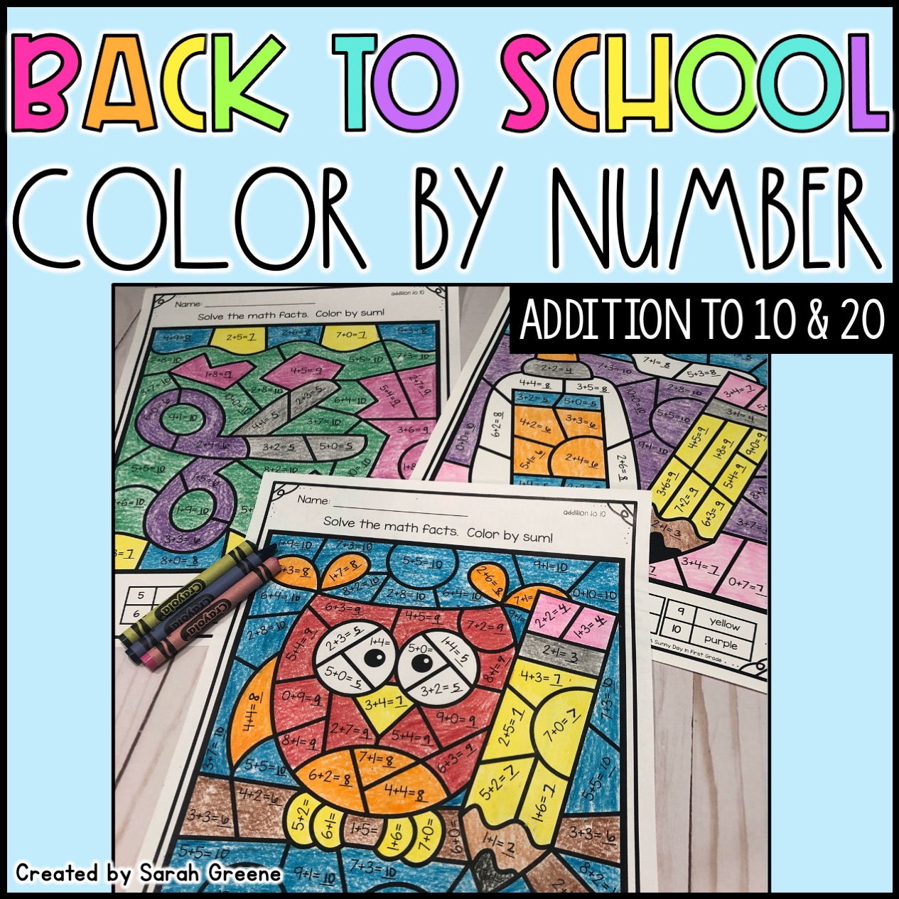 Back to School Color by Number for Addition to 10 and 20